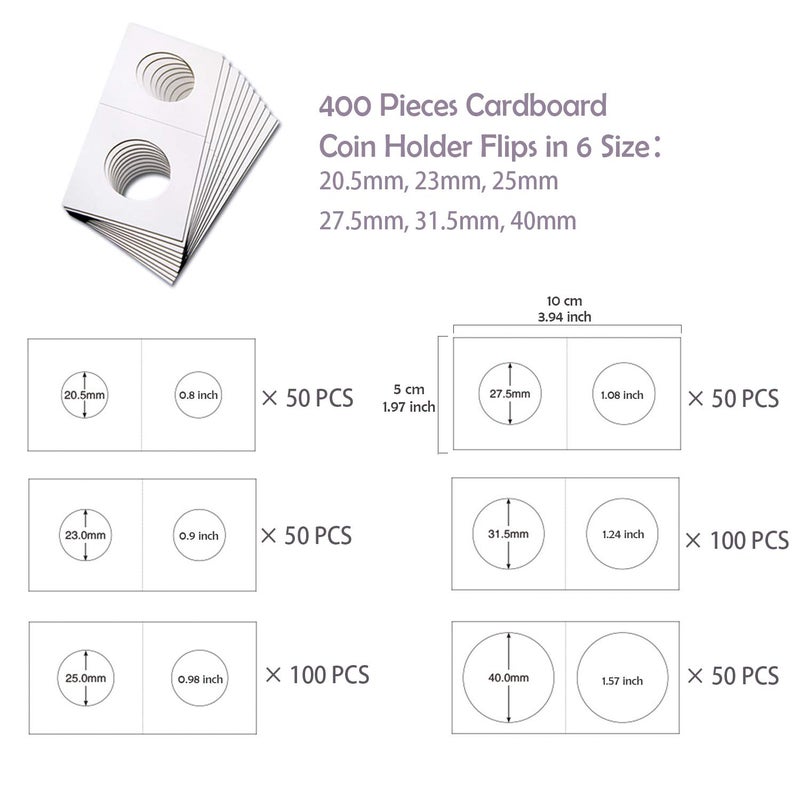 Unixing 400PCS Coin Flip Mega Assortment Cardboard Coin Flips 2x2 Coin Holder Flip Mega Assortment 2 by 2 Inch for Coin Collection Supplies (6 Sizes) - Image 2
